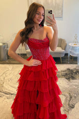 Dreamyannie A Line Tiered Prom Dress Strapless Corset Long Chiffon Formal Dress With Slit