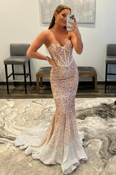 Rose Golden Prom Dress Sparkly Sequined Mermaid Long Evening Dress