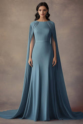 Round Neck Long Ruched Grey Blue Wedding Guest Dress Formal Dress With Shawl