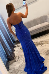 Royal Blue Beaded Sweetheart Cutout Prom Dress With High Slit Formal Evening Gown