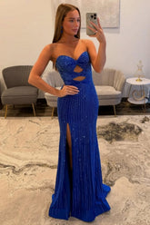Royal Blue Beaded Sweetheart Cutout Prom Dress With High Slit Formal Evening Gown