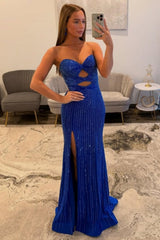 Royal Blue Beaded Sweetheart Cutout Prom Dress With High Slit Formal Evening Gown