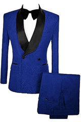 Royal Blue Double Breasted Jacquard Wedding Suit with Velvet Lapel