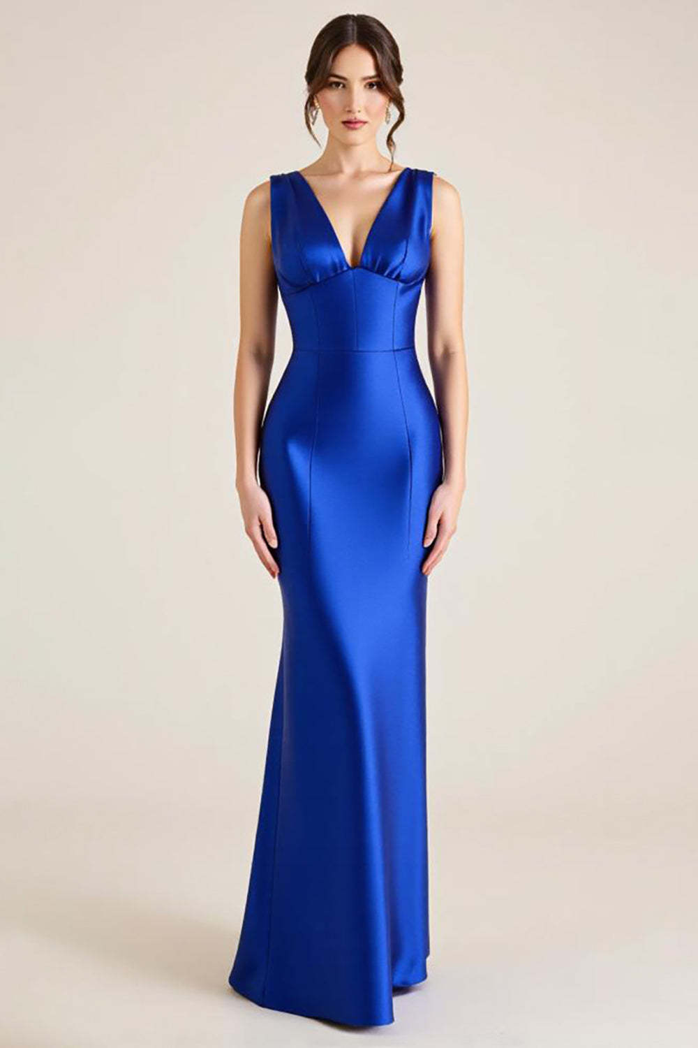 Royal Blue Formal Dress V-Neck Satin Sheath Sleeveless Long Wedding Guest Dress
