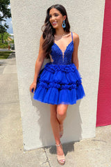 Royal Blue Homecoming Dress A Line Ruffled Cocktail Party Dresses With Appliques
