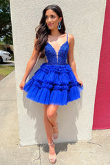 Royal Blue Homecoming Dress A Line Ruffled Cocktail Party Dresses With Appliques