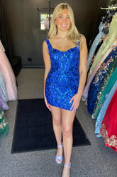 Royal Blue Homecoming Dress Corset Sequin Short Tight Prom Dress