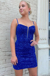 Royal Blue Homecoming Dress Corset Sequined Tight Short Cocktail Dresses