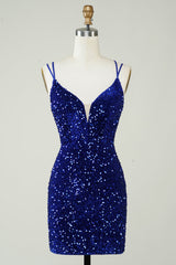 Royal Blue Homecoming Dress Criss-Cross Straps Sequin Tight Short Hoco Dress