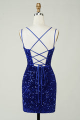 Royal Blue Homecoming Dress Criss-Cross Straps Sequin Tight Short Hoco Dress