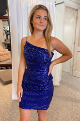 Royal Blue Homecoming Dress Glitter One Shoulder Tight Prom Dress