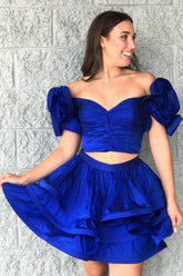 Royal Blue Homecoming Dress Off The Shoulder A Line Tiered Short Prom Dress