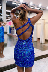 Royal Blue Homecoming Dress One Shoulder Sequin Prom Dress