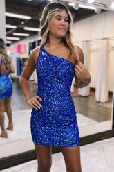 Royal Blue Homecoming Dress One Shoulder Sequin Prom Dress