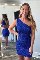 Royal Blue Homecoming Dress Open Back One Shoulder Sequin Tight Short Hoco Dress