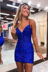 Royal Blue Homecoming Dress Sequin Spaghetti Straps Tight Short Cocktail Dresses