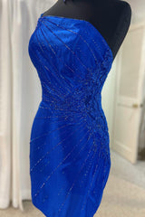 Royal Blue Homecoming Dress Sequined One Shoulder Tight Short Prom Dress with Appliques