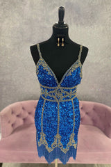 Royal Blue Homecoming Dress Sequined Prom Dress With Fringes