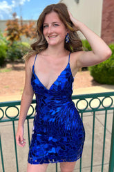 Royal Blue Homecoming Dress Sequined Tight Short Cocktail Dresses