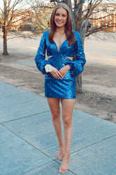 Royal Blue Homecoming Dress Sequined Tight Short Prom Dress with Sleeves