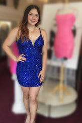 Royal Blue Homecoming Dress Spaghetti Straps Sequin Cocktail Party Dresses With Criss Cross Back
