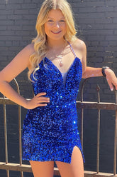 Royal Blue Homecoming Dress Spaghetti Straps Sequin Tight Prom Dress