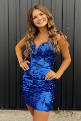 Royal Blue Homecoming Dress Spaghetti Straps Tight Short Prom Dress with Sequin