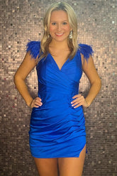 Royal Blue Homecoming Dress V-Neck Tight Short Hoco Dress with Feathers