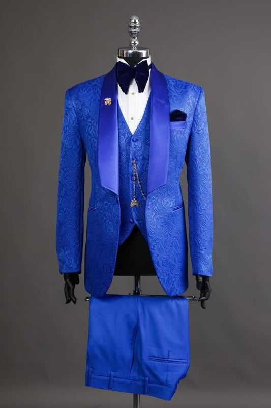 Royal Blue Jacquard Shawl Lapel 3 Piece Wedding Suit