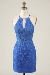Royal Blue Lace Appliqued Beaded Halter Short Tight Homecoming Dress