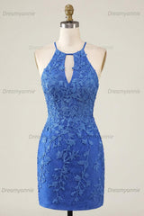 Royal Blue Lace Appliqué Beaded Halter Tight Short Homecoming Dress
