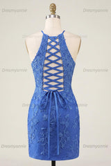 Royal Blue Lace Appliqué Beaded Halter Tight Short Homecoming Dress