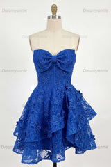 Royal Blue Lace Floral Beaded Ruffled A-Line Corset Short Homecoming Dress with Bow