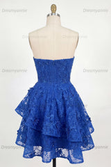 Royal Blue Lace Floral Beaded Ruffled A-Line Corset Short Homecoming Dress with Bow
