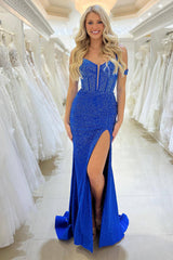 Royal Blue Mermaid Long Corset Prom Dress With Slit