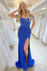 Royal Blue Mermaid Long Corset Prom Dress With Slit