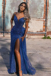 Royal Blue Off The Shoulder Mermaid Evening Dress with Sequins and Split