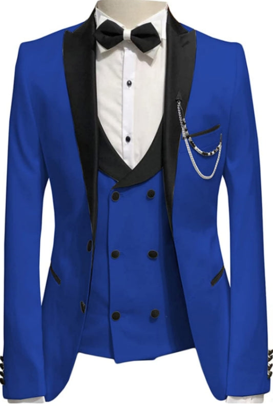Royal Blue Peaked Lapel 3 Piece Close Fitting Prom Suit