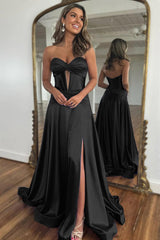 Royal Blue Prom Dress A Line Corset Satin Long Evening Dress with Slit
