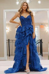 Royal Blue Prom Dress A Line Long Tiered Appliqued Evening Dress With Slit