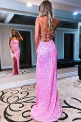 Royal Blue Prom Dress Backless Sequined Long Evening Dress with Slit