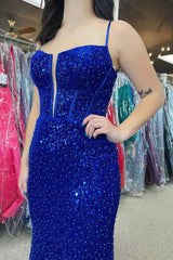 Royal Blue Prom Dress Beaded Sparkly Mermaid Corset Evening Dress