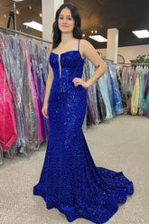 Royal Blue Prom Dress Beaded Sparkly Mermaid Corset Evening Dress