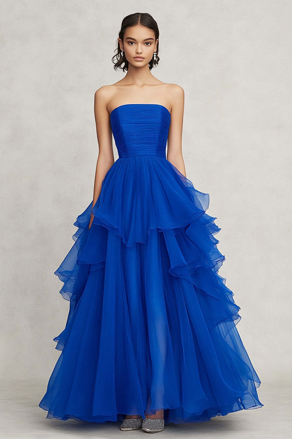 Royal Blue Prom Dress Chiffon Strapless Ruffled A Line Long Formal Dress