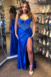 Royal Blue Prom Dress Corset Beaded Side Cape Long Formal Dress With Slit