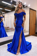 Royal Blue Prom Dress Corset Detachable Neck Mermaid Long Evening Dress with Slit