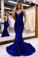 Royal Blue Prom Dress Lace Up Back Sequined Mermaid Long Evening Dress