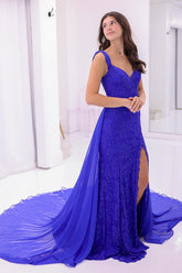 Royal Blue Prom Dress Mermaid Beaded Formal Dress With Slit