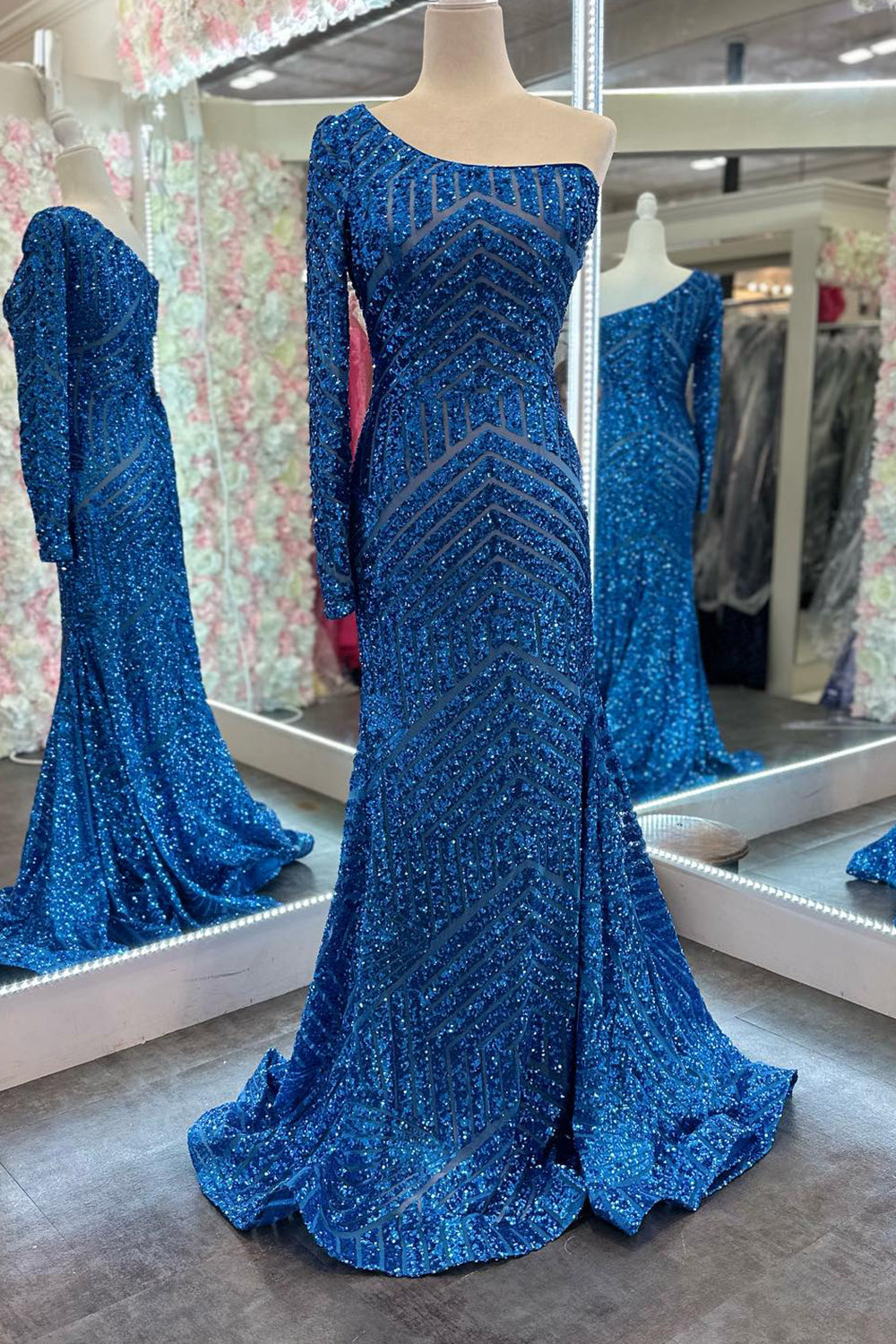 Royal Blue Prom Dress Mermaid One Shoulder Sequined Long Evening Dress with Sleeve