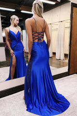 Royal Blue Prom Dress Mermaid Satin Formal Dress With Slit
